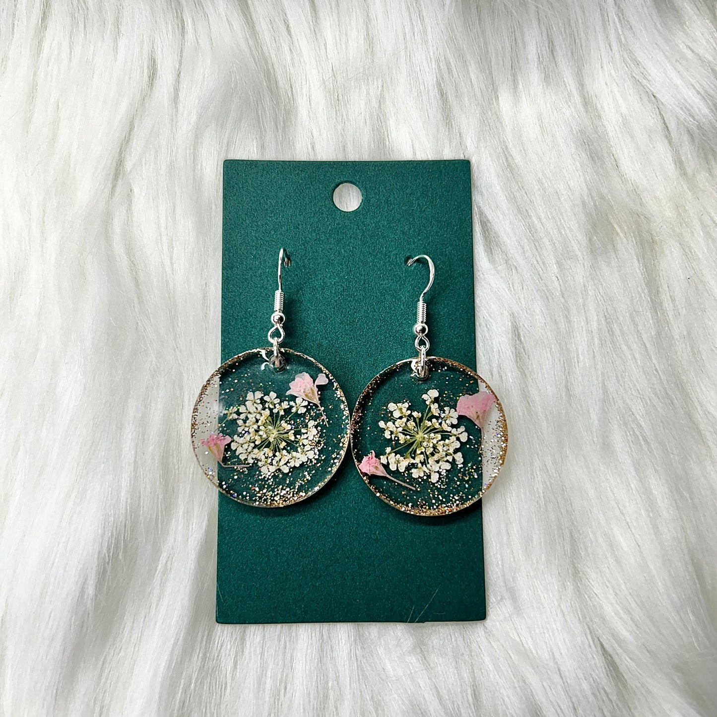 Handmade Vintage Inspired Dried Flowers and Gold Sparkle Resin Earrings