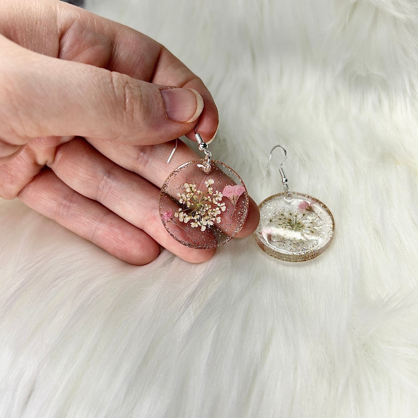 Handmade Vintage Inspired Dried Flowers and Gold Sparkle Resin Earrings