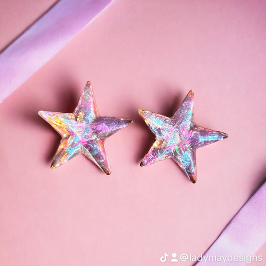 Handmade Iridescent Shimmer Star Resin Stud Earrings (Available in Pink, Blue, or Multicolored Sequin)