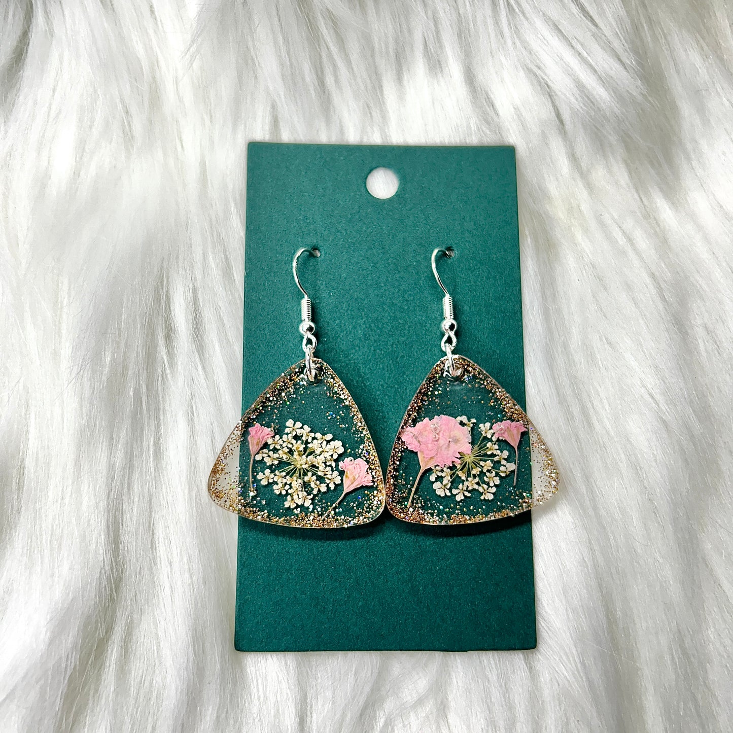 Handmade Vintage Inspired Dried Flowers and Gold Sparkle Resin Earrings