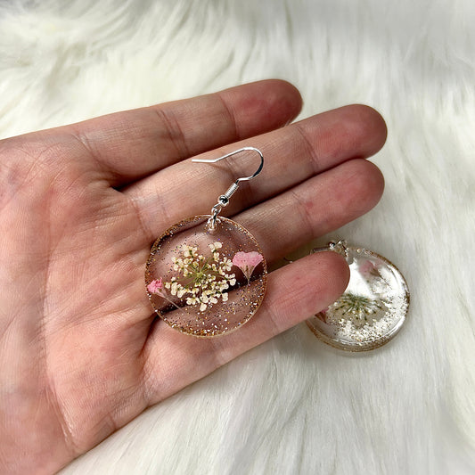 Handmade Vintage Inspired Dried Flowers and Gold Sparkle Resin Earrings