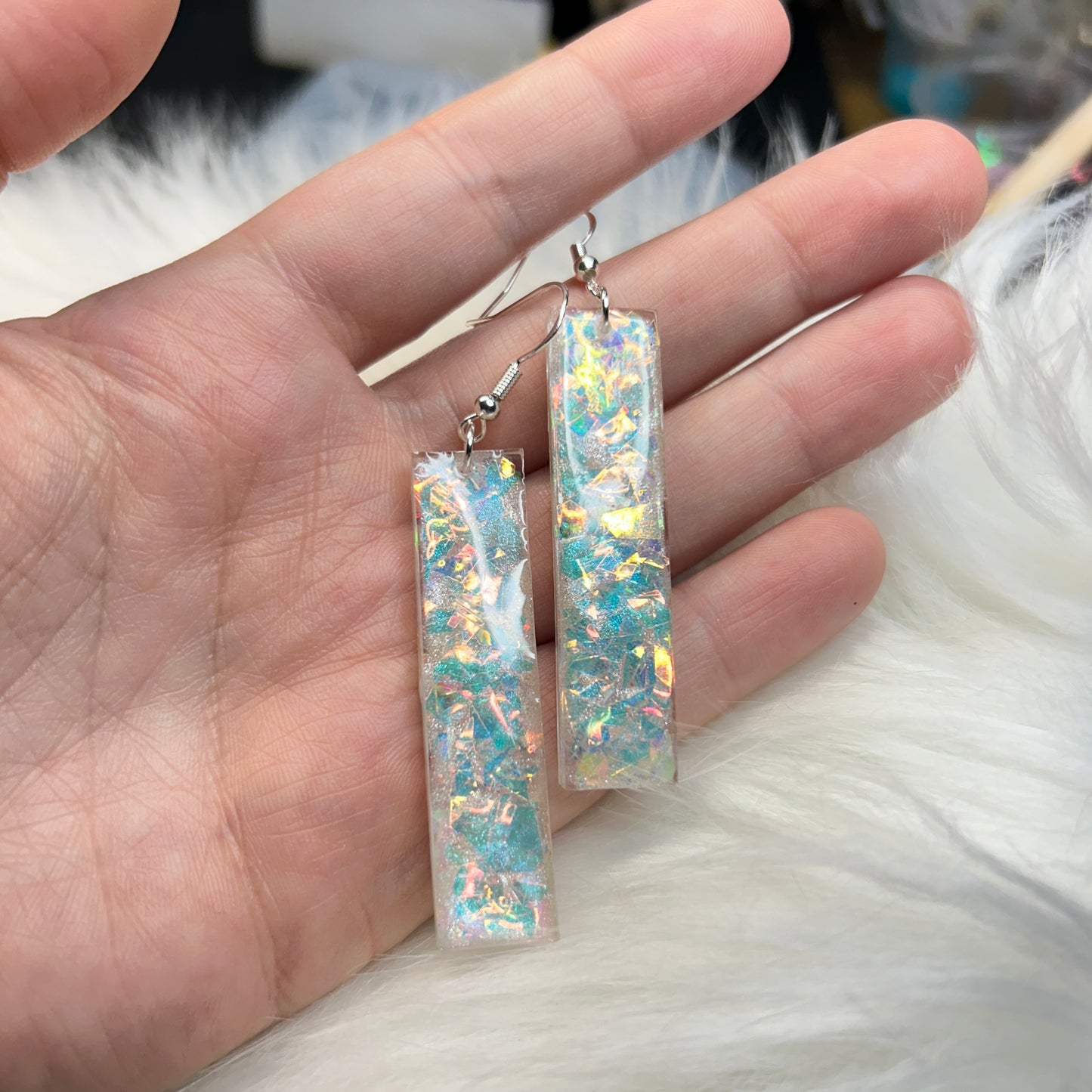 Handmade Iridescent Shimmer Rectangle Resin Statement Earrings