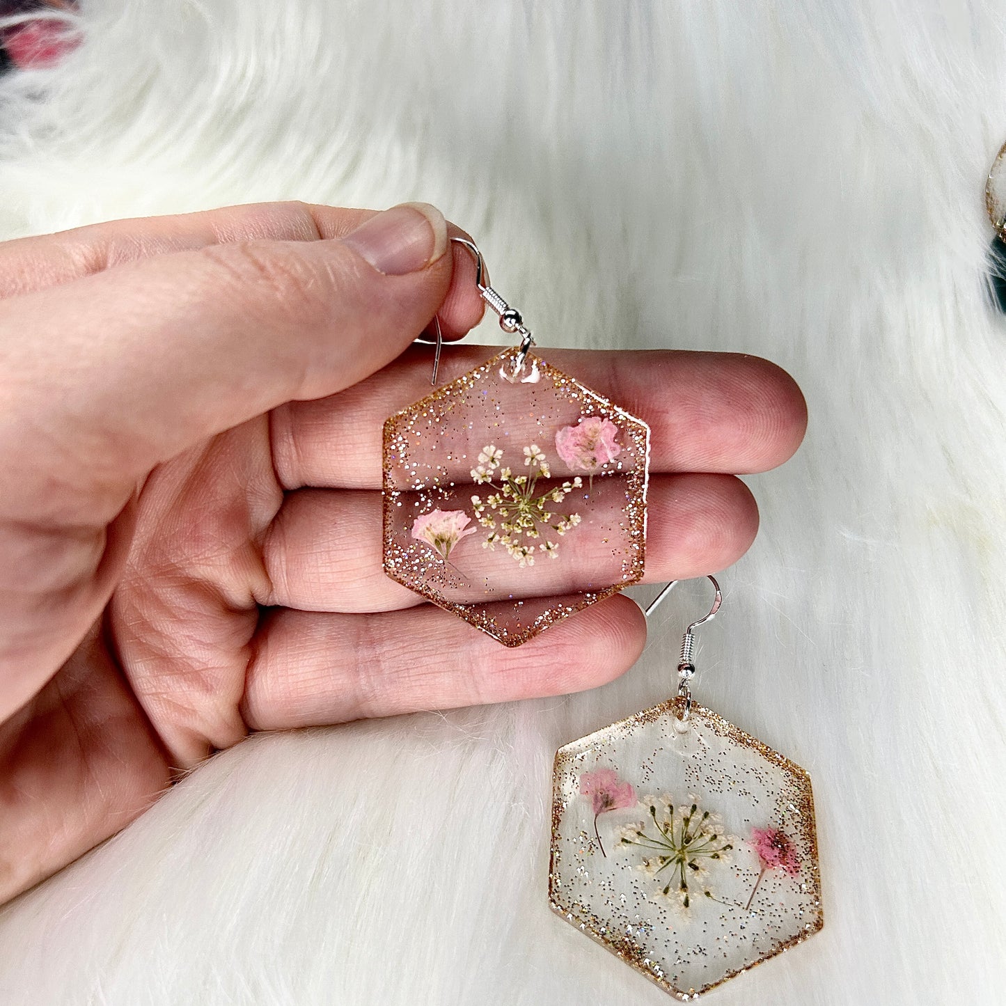 Handmade Dried Flowers and Gold Sparkle Hexagon Resin Earrings