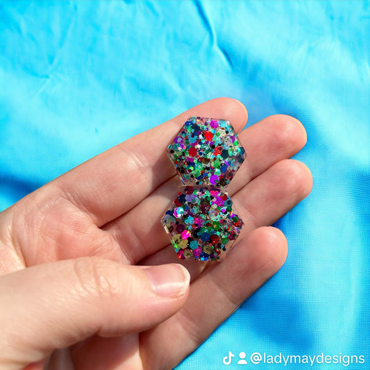 Handmade Multicolored Sequin Sparkle Hexagon Resin Stud Statement Earrings