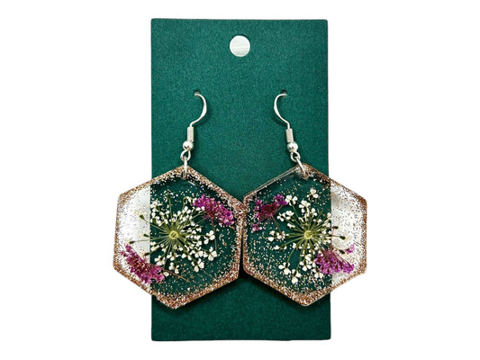 Handmade Hexagon Pressed Flower Sparkle Resin Dangle Earrings