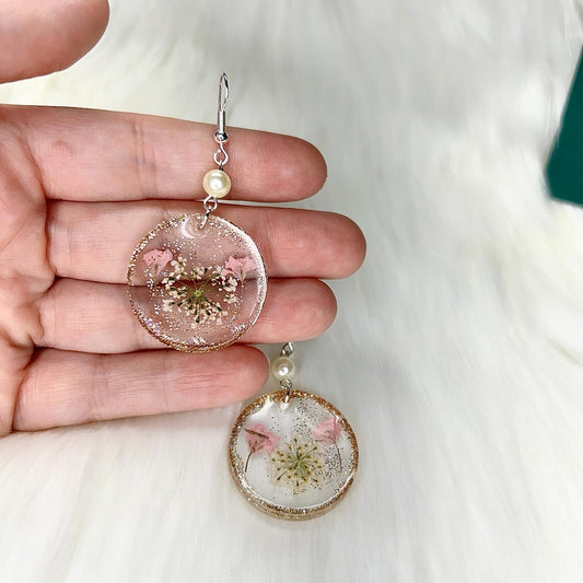 Handmade Vintage Inspired Pink and White Pressed Flowers and Gold Sparkle with Pearl Resin Earrings