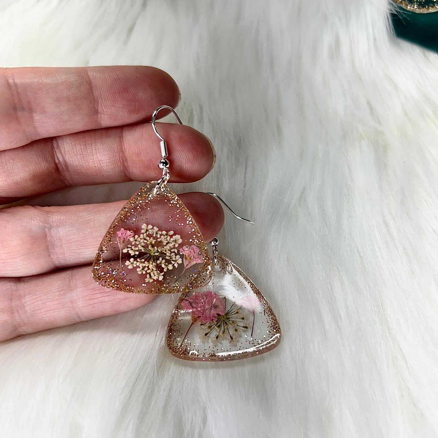 Handmade Vintage Inspired Dried Flowers and Gold Sparkle Resin Earrings